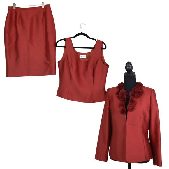 Albert Nipon Petite Evening SILK WOOL Skirt Suit Formal 3 Piece SET Tank 10P Red - Picture 1 of 9